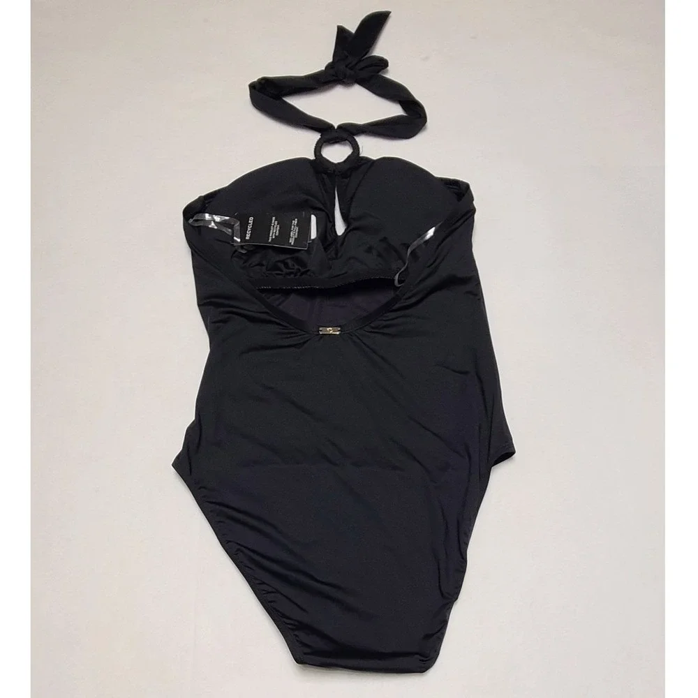 Lauren Ralph Lauren Black Halter One Piece Swimsuit Ruched Keyhole Recycled NEW